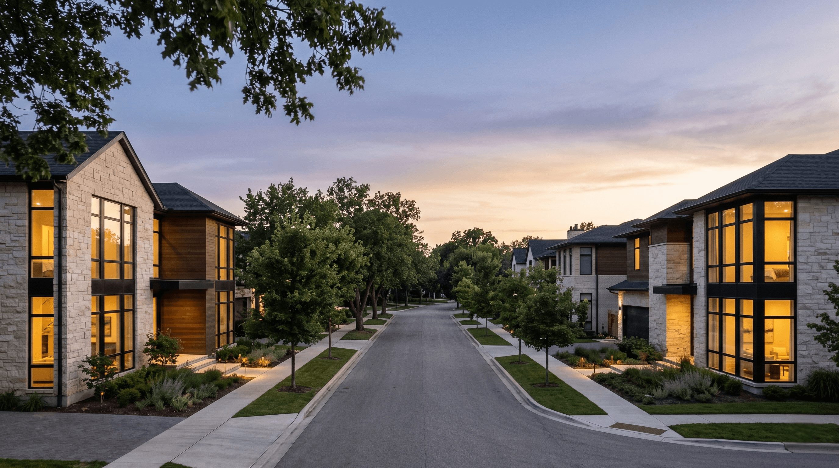 Modern house street exterior at dusk